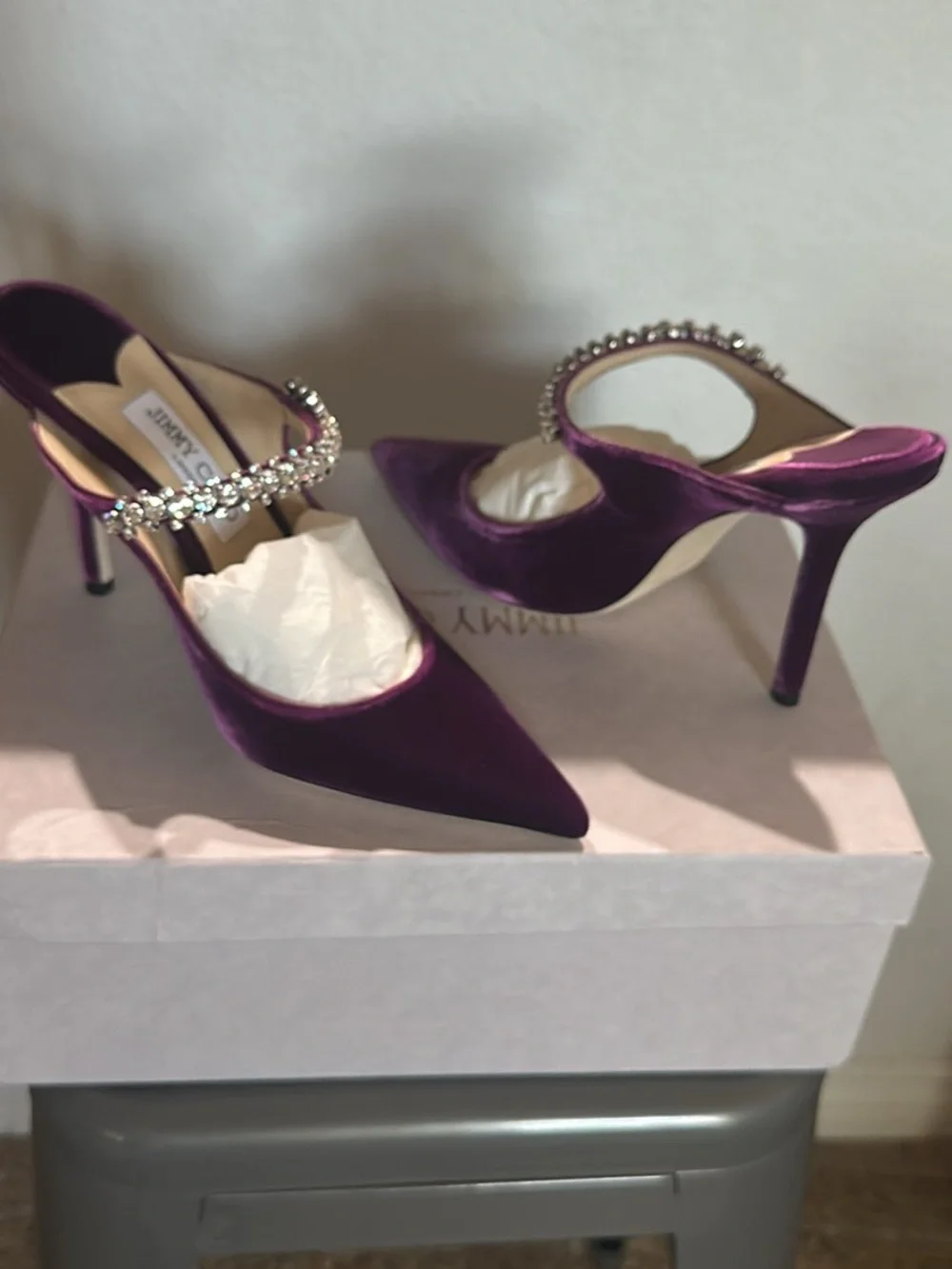 Jimmy Choo Purple Velvet Crystal-Strap Stiletto Mules